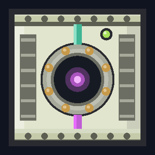 The AC-4 Antimatter Converter as drawn in the hangar: a square pale module with a ringed chamber glowing violet at its centre, a mint pipe in at the top and a violet pipe out, half the width of the AC-8.