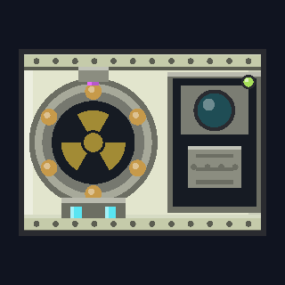 The AR-8 Antimatter Reactor as drawn in the hangar: a pale bolted casing with a black core behind a ringed hatch carrying the radiation trefoil, eight amber bolts round it, and a dark control station with a porthole beside it.