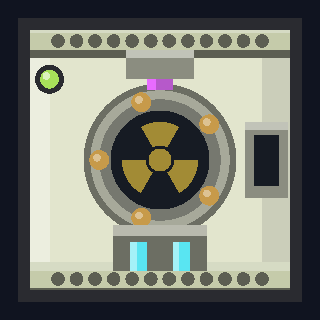 The AR-4 Antimatter Reactor as drawn in the hangar: a pale bolted casing filling a square, with a black core behind a ringed hatch carrying the radiation trefoil dead centre, five amber injector bolts round it, a magenta feed pipe at the top and two cyan bus bars at the foot.