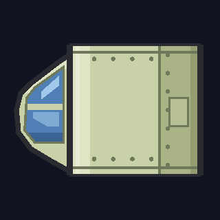 The CK-1 Cockpit as drawn in the hangar: a riveted cabin section under a raised bubble canopy, its blue glass split by a frame, on its left side.