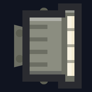 The FL-30 Floodlight as drawn in the hangar: a grey finned housing on a bracket, with a deep dark hood round a tall white lens on its outer side.