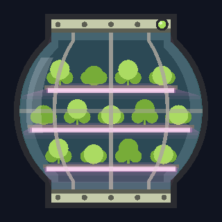 The Greenhouse as drawn in the hangar: a glass bulb with shelves of plants inside, narrowing to a collar at each end.