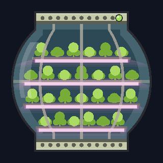 The Greenhouse L as drawn in the hangar: a glass bulb with shelves of plants inside, narrowing to a collar at each end.