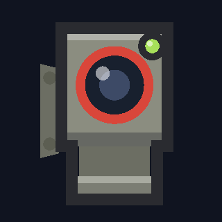 The GI-1 Ground Imager as drawn in the hangar: a grey camera body with a red-ringed lens and a hood.