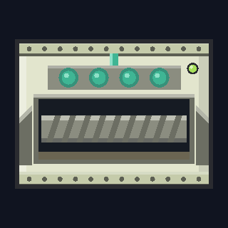 The MR-8 Mining Rig as drawn in the hangar: a pale steel module with an auger behind a dark window and four mint lamps above it.