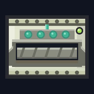 The MR-4 Mining Rig as drawn in the hangar: the MR-8 at half the diameter, a pale steel module with an auger behind a dark window and mint condenser coils above it.