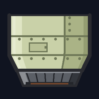 The JE-1 Jet Engine as drawn in the hangar: a short riveted casing with an access panel, closing onto a dark petalled nozzle with a sooty rim.
