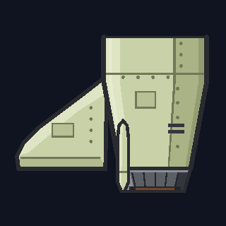 The JT-1 Jet Tail as drawn in the hangar: a long riveted cone narrowing onto a dark petalled nozzle, under a tall swept fin, with the stabiliser reaching to its end.