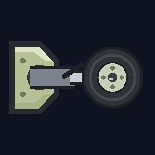 The LG-1 Landing Gear as drawn in the hangar: a fairing with the strut, its torque link and a fat tyre on a pale hub swung out to the side.