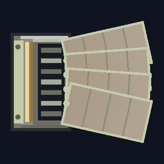 The RK-6 Potassium Radiator as drawn in the hangar: a dark ribbed housing with an amber heat pipe down its outer edge and four ribbed tan vanes fanned out beside it.