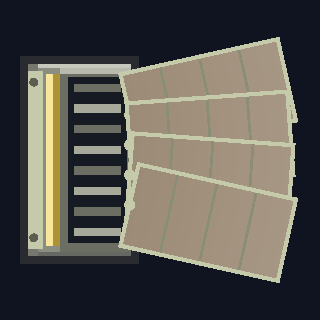 The RS-8 Sodium Radiator as drawn in the hangar: a dark ribbed housing with a gold heat pipe down its outer edge and four large ribbed tan vanes fanned out beside it.