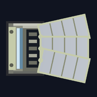 The RW-3 Water Radiator as drawn in the hangar: a dark ribbed housing with a pale blue heat pipe down its outer edge and three ribbed grey vanes fanned out beside it.