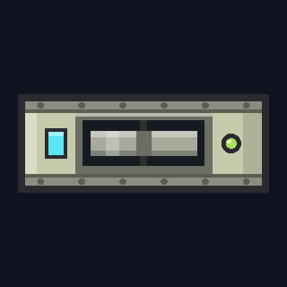 The RW-100 Reaction Wheel as drawn in the hangar: a short pale drum between two bolted metal collars, a flywheel seen edge-on behind a dark window, a cyan power tag on the left and a green lamp on the right.