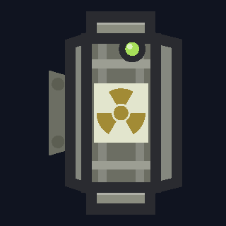 The RTG-1 Radioisotope Generator as drawn in the hangar: a dark finned drum on a bracket, with a radiation trefoil on a pale plate and a green lamp.