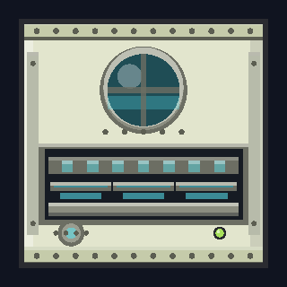 The SL-8 Science Lab as drawn in the hangar: a wide module with a round cupola above a long window with three lit work stations.