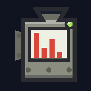 The Mass Spectrometer as drawn in the hangar: a grey box with a dark intake hood on top, a green lamp beside it and a white screen of red bars on the front.