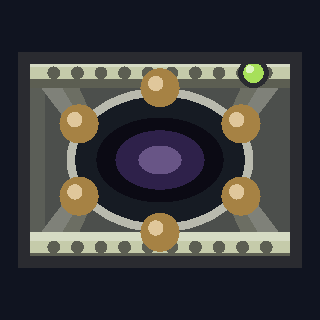 The WC-4 Warp Coil as drawn in the hangar: a bolted pale frame round a dark violet aperture with six amber windings spaced round its rim.