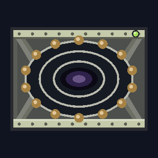The WL-8 Warp Lattice as drawn in the hangar: a wide bolted frame round three concentric rings closing on a small violet core, with a dense ring of amber windings round the outermost.