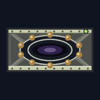 The WR-8 Warp Ring as drawn in the hangar: a wide bolted frame round a dark oval aperture with a violet core, ringed by a circle of amber windings.