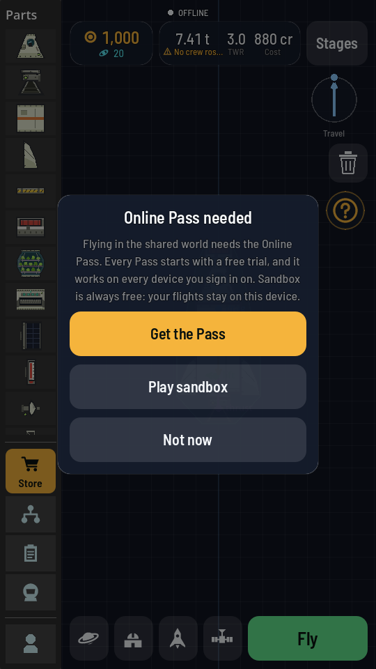 The Online Pass needed sheet over the hangar: a line saying flying in the shared world needs the Online Pass and that every Pass starts with a free trial, then three buttons, an amber Get the Pass, Play sandbox and Not now.