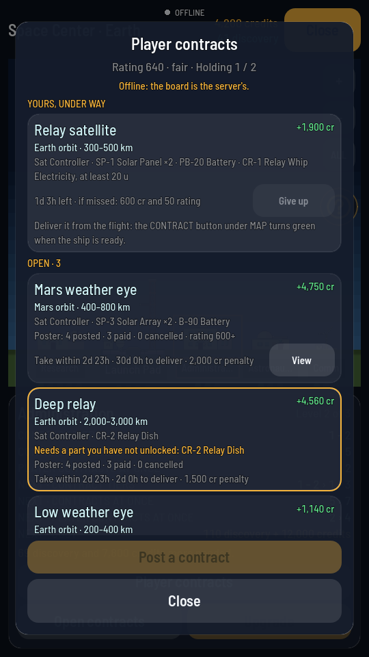 The Player contracts board: the rating and slots at the top, a held Relay satellite with Give up, then three open cards with View buttons, one framed in amber.