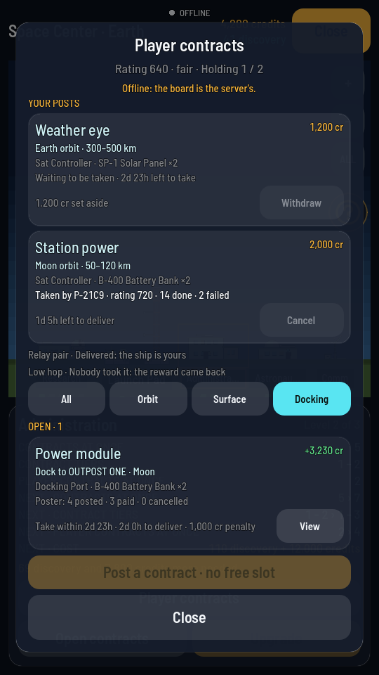 The Player contracts board with the kind filter set to Docking: one open card, Power module, reading Dock to OUTPOST ONE on the Moon, with its parts and its pay.