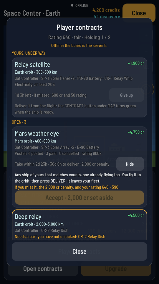 A card on the Player contracts board opened in place: what the ship must carry, a line saying what missing it would cost in credits and rating, and a wide amber Accept button naming the credits set aside.