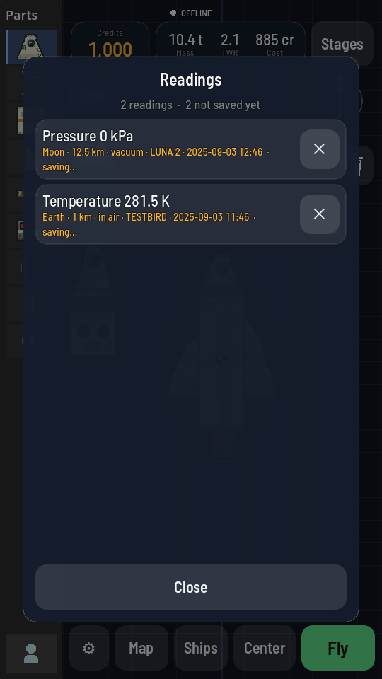 The Readings sheet listing Pressure 0 kPa over the Moon and Temperature 281.5 K over Earth, each with a delete button.