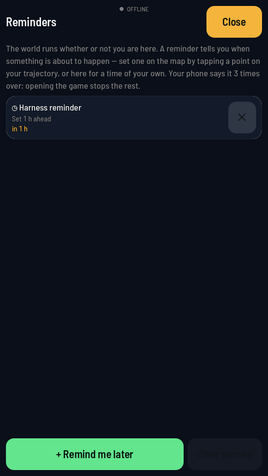 The Reminders screen with its explanation at the top, one reminder waiting, and the + Remind me later and Clear passed buttons along the bottom.