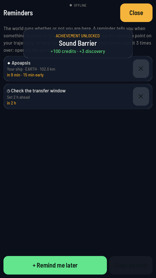 The Reminders list: an Apoapsis reminder for Your ship at EARTH 102.0 km, in 9 min and 15 min early, above a plain reminder called Check the transfer window set 2 h ahead.