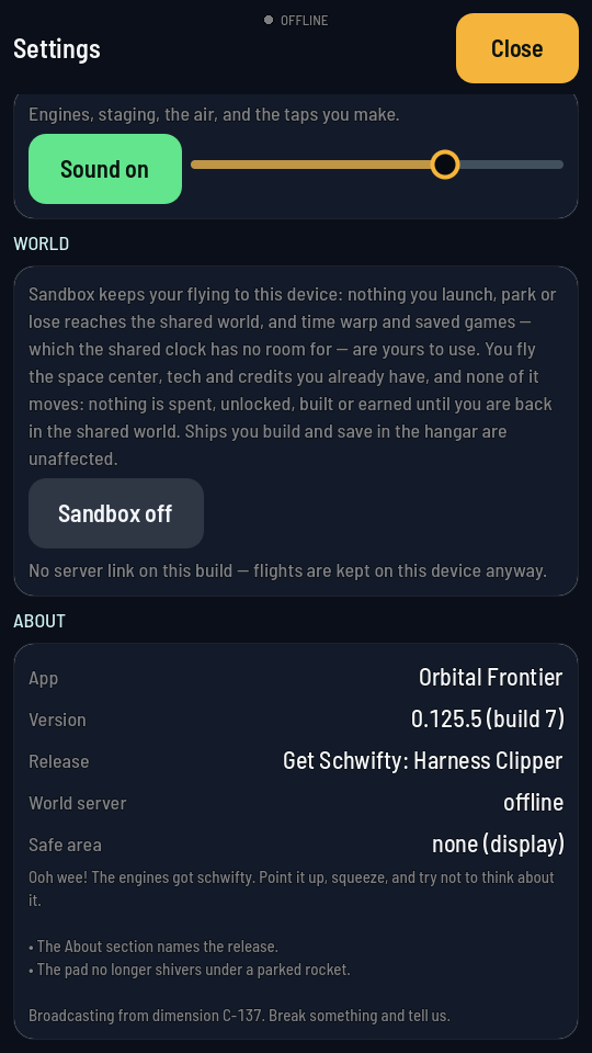 The Settings screen's About list, with World server showing offline and the build's version and release name above it.