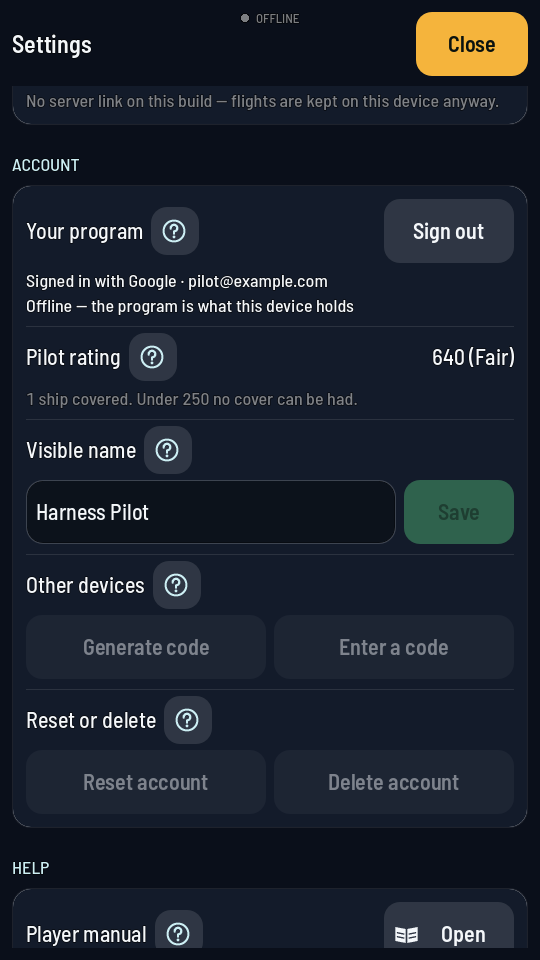 The Settings screen's Account section: Your program, signed in with Google and an address, with Sign out; a Pilot rating row reading 640 (Fair) with the cover held under it; the Visible name field with its Save button; Other devices with Generate code and Enter a code; and Reset or delete with Reset account beside Delete account. Each row has a question mark beside its name.