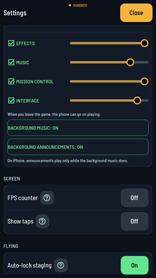 The Settings screen scrolled to the Flying section: the Auto-lock staging row with its question mark and a green On switch.