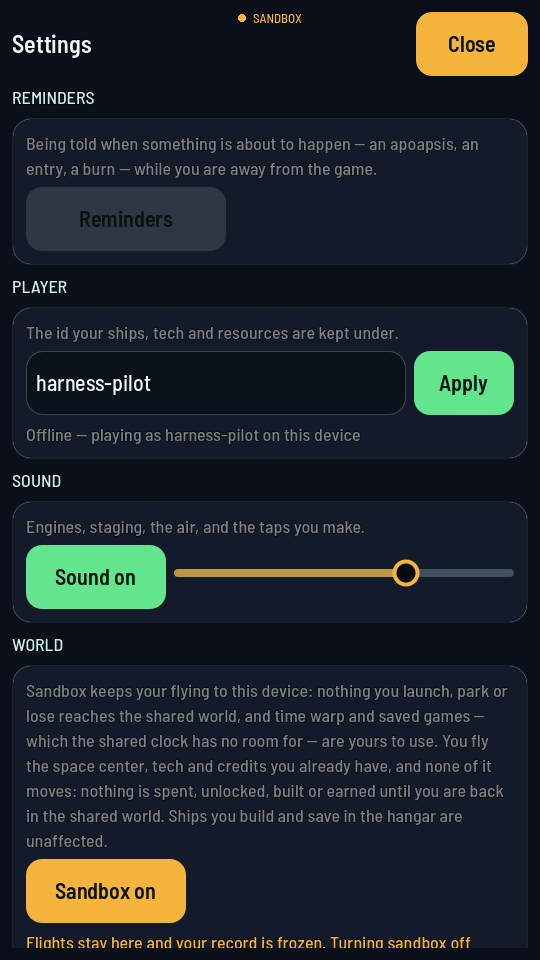 The Settings screen's World section, with the sandbox explanation and the Sandbox on button.