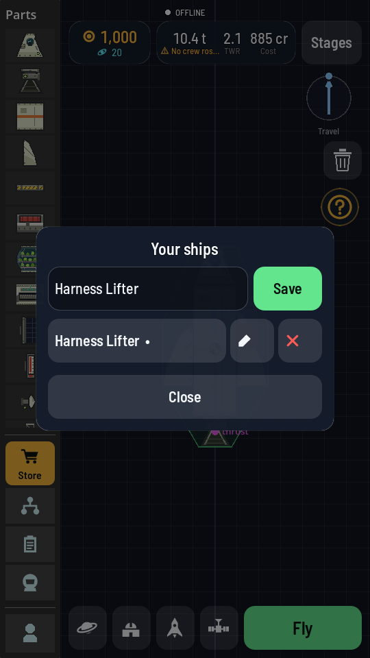 The Your ships sheet with a name field, a green Save button, one saved design row with a pencil and a red cross, and Close.