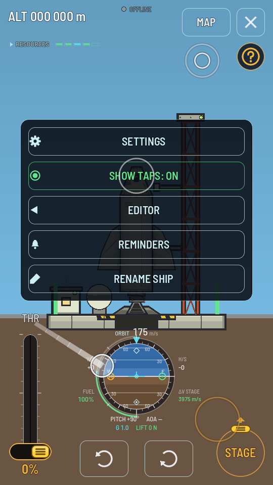 The flight menu open on the pad with SHOW TAPS: ON in green. A white ring spreads from the chip where it was just tapped, a white dot with a fading trail sits over the throttle where a finger is dragging, an amber ring by STAGE marks a long press and a ring near the top marks a zoom.