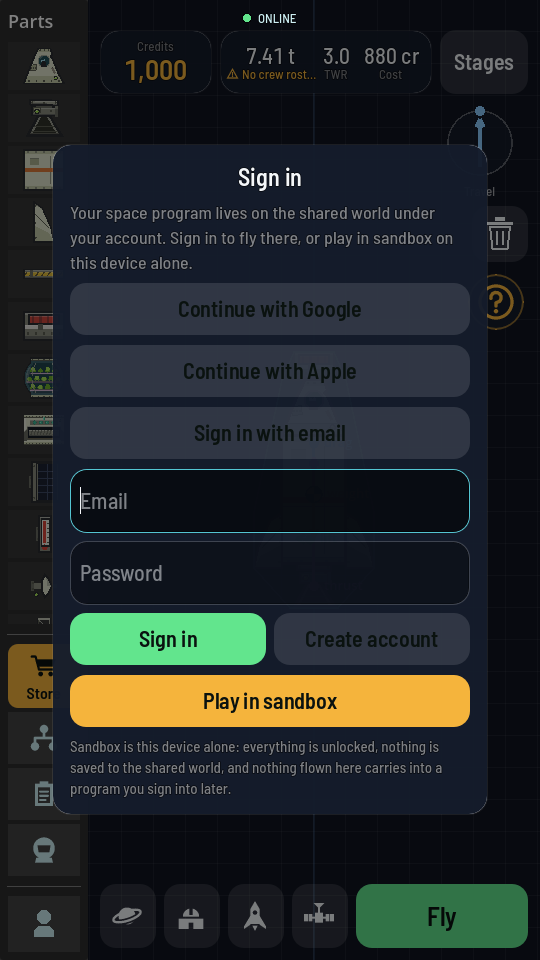 The sign-in sheet: Continue with Google, Continue with Apple, Sign in with email with its fields open, and Play in sandbox under them.