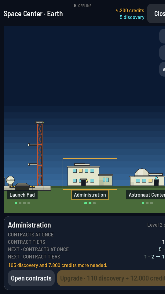 The Space Center strip on Earth with the Administration ringed and its sheet open below, showing CONTRACTS AT ONCE and CONTRACT TIERS and an Open contracts button.