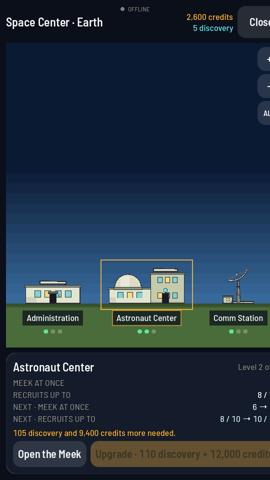 The Astronaut Center ringed on the Space Center strip, with its sheet open below showing MEEK AT ONCE, RECRUITS UP TO, an Open the Meek button and an Upgrade button.