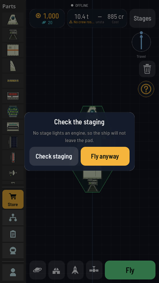 The Check the staging sheet over the hangar: a line saying no stage lights an engine, so the ship will not leave the pad, then two buttons, Check staging and an amber Fly anyway.