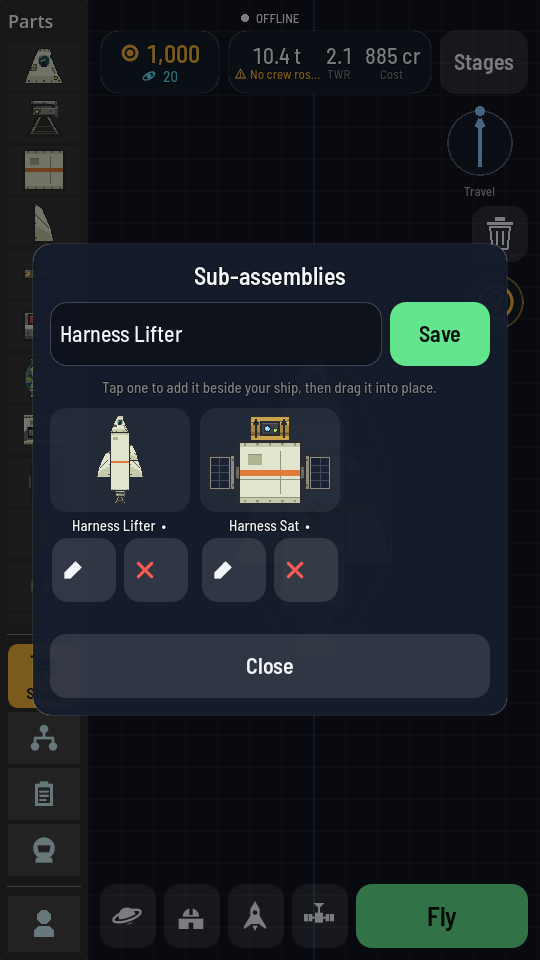 The Sub-assemblies sheet: a name field with a green Save button, then a grid of two pictures, a rocket and a satellite, each with its name and a pencil and a red cross under it.