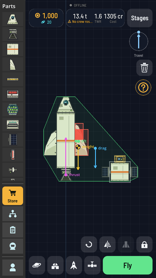 The hangar with a rocket in the middle and a small satellite standing to its right on the build area, not attached.