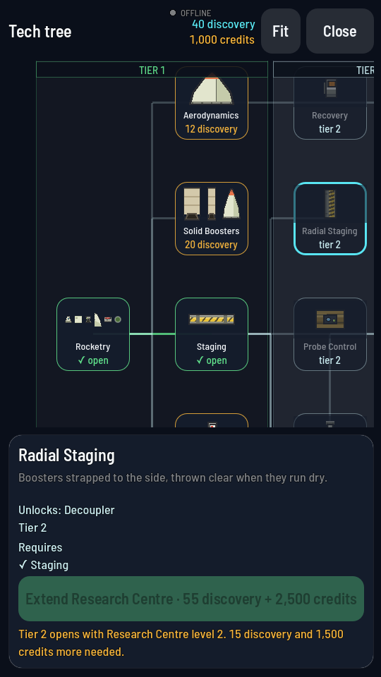 The tech tree, tier 1 and the edge of tier 2, with the Radial Staging node selected and its card open below showing its cost and requirements.
